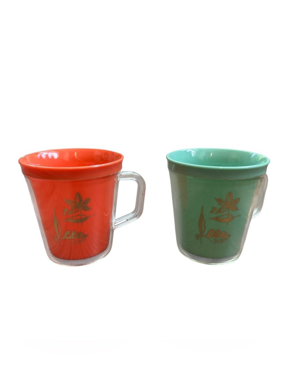 Vintage Burrite Double Walled Insulated Mugs Cup Gold Leaf 10 oz Set of 2